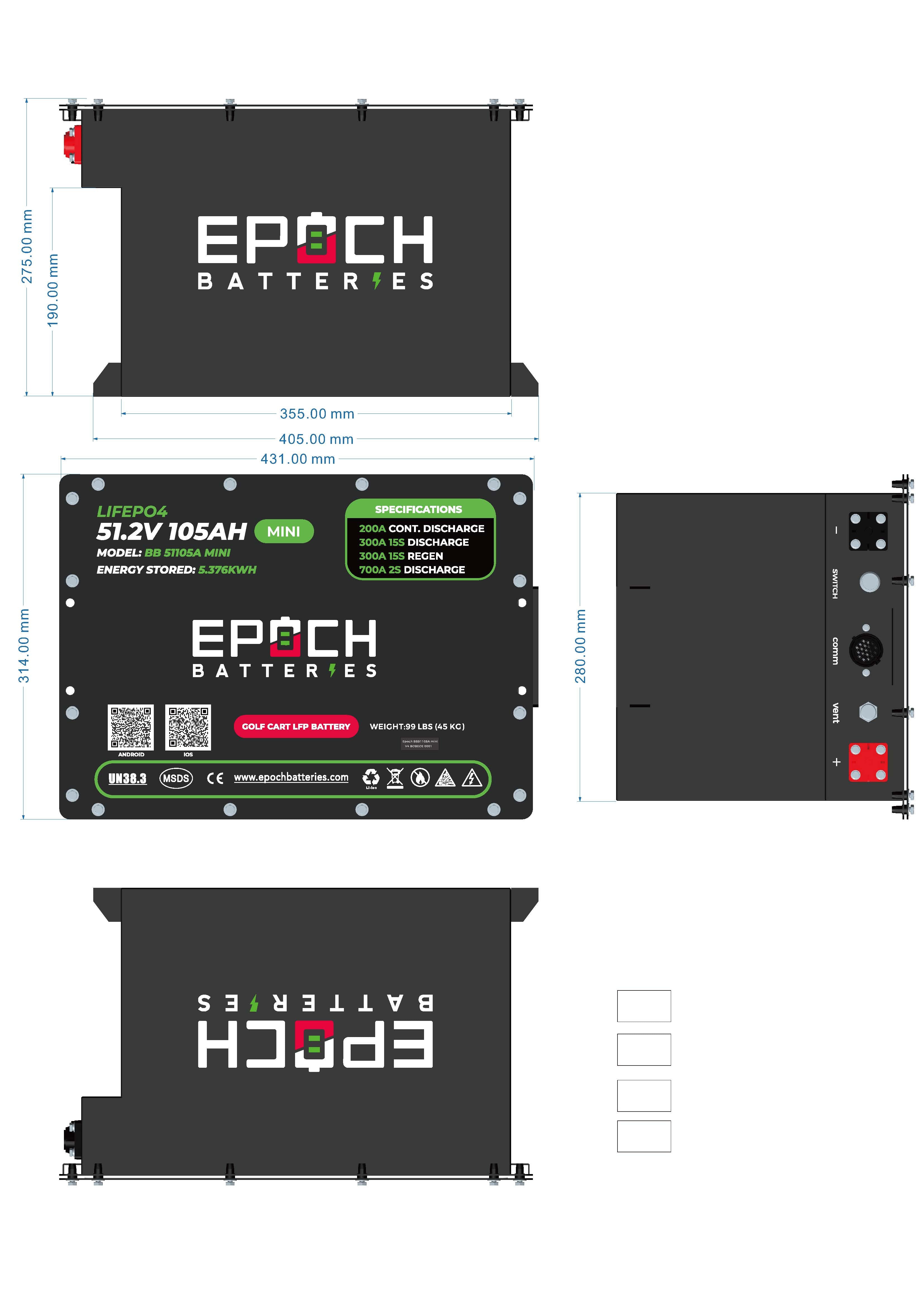 Epoch Batteries product with dimensions and specifications on a white background