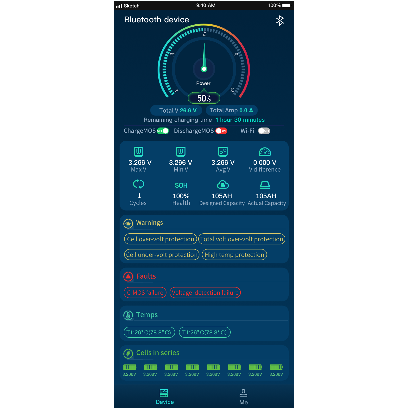 Smartphone displaying a battery monitoring app with detailed information on voltage, capacity, and status.