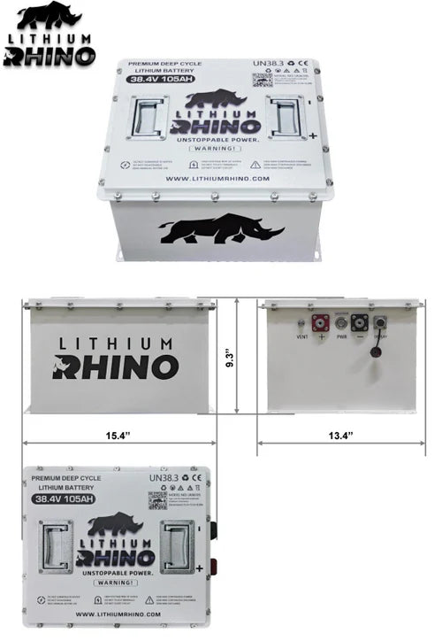 Lithium Rhino battery with dimensions and specifications on a white background