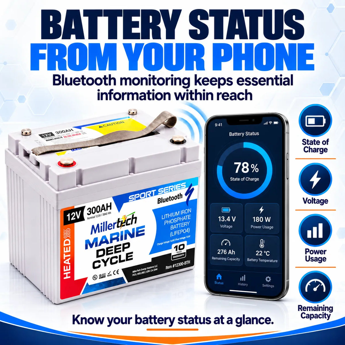 MillerTech 12V 300Ah Heated Marine Lithium Battery – Bluetooth LiFePO4 - Deep Cycle