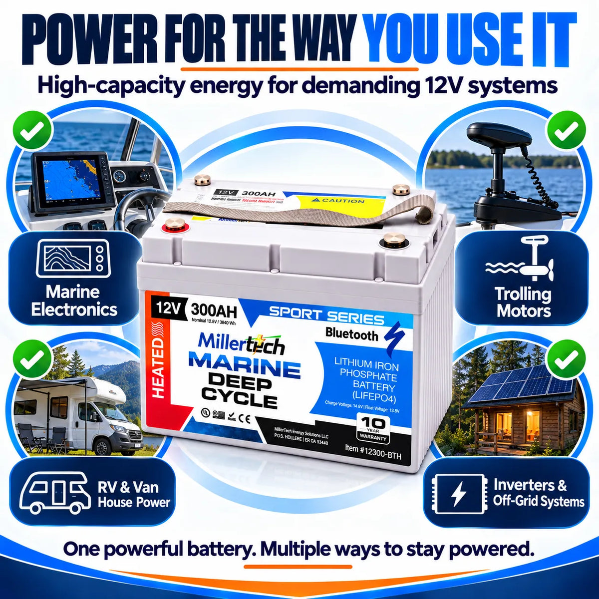 MillerTech 12V 300Ah Heated Marine Lithium Battery – Bluetooth LiFePO4 - Deep Cycle