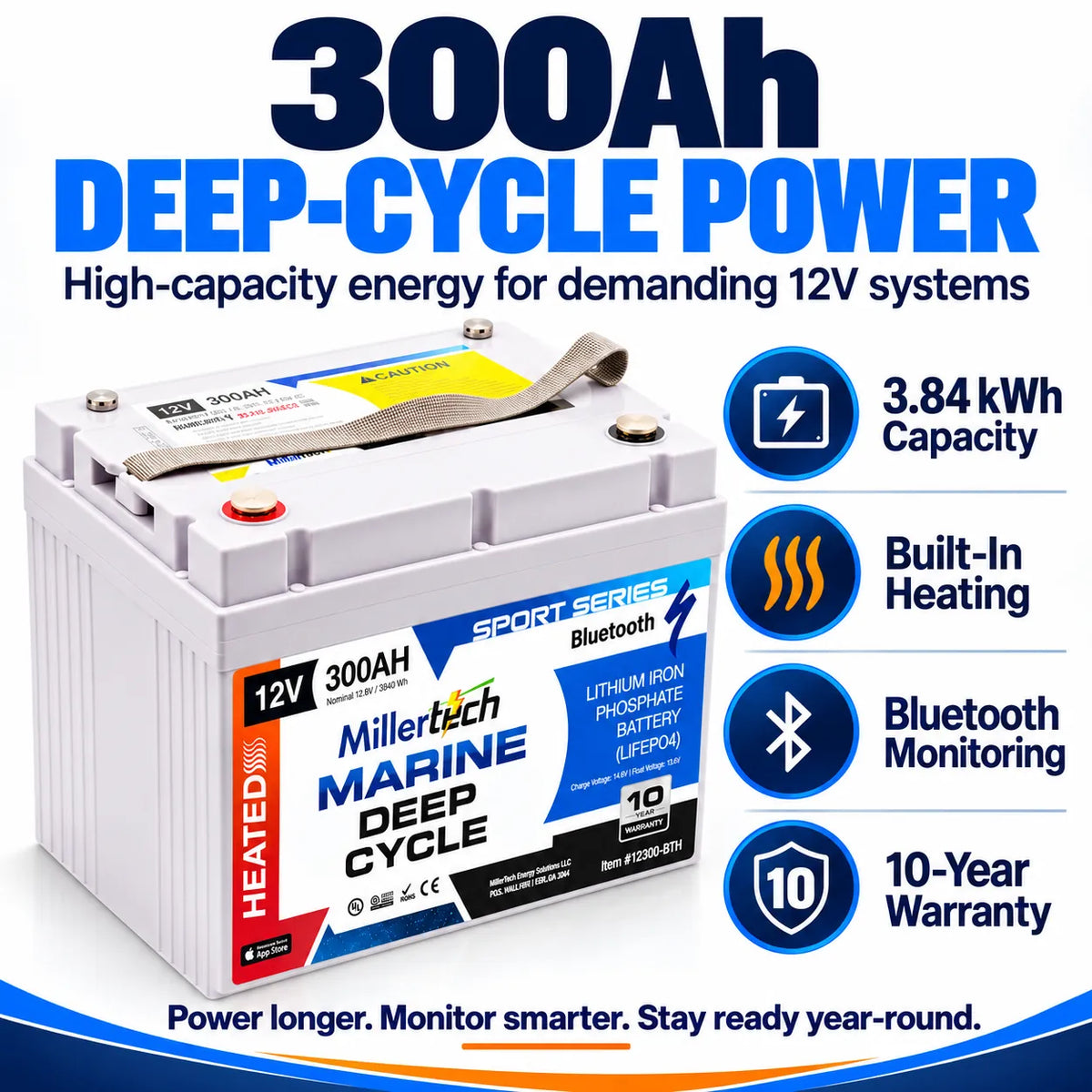 MillerTech 12V 300Ah Heated Marine Lithium Battery – Bluetooth LiFePO4 - Deep Cycle