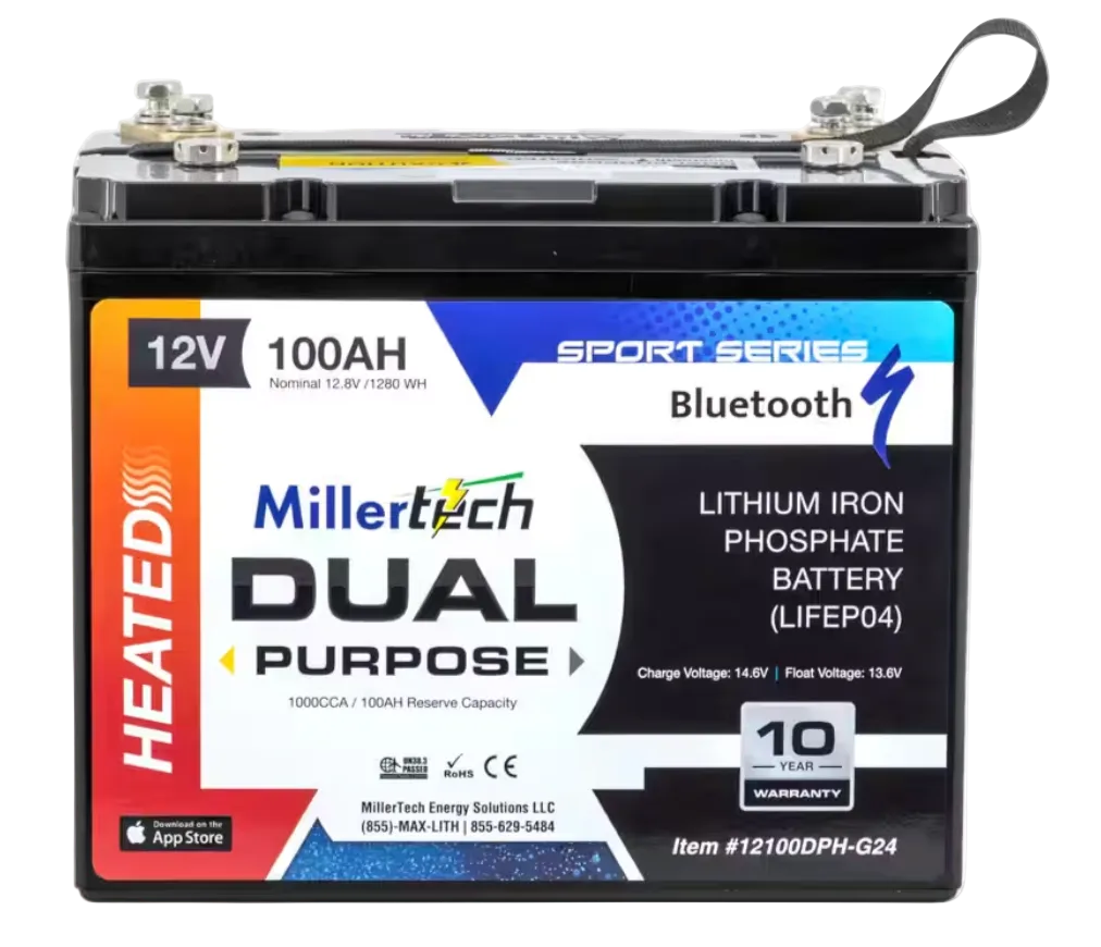 A Millertech Dual Purpose Lithium Iron Phosphate Battery, 12V, 100Ah, in a black plastic housing with a colorful front label. The label features blue, white, red, and orange sections with text indicating Bluetooth connectivity and a 10-year warranty.