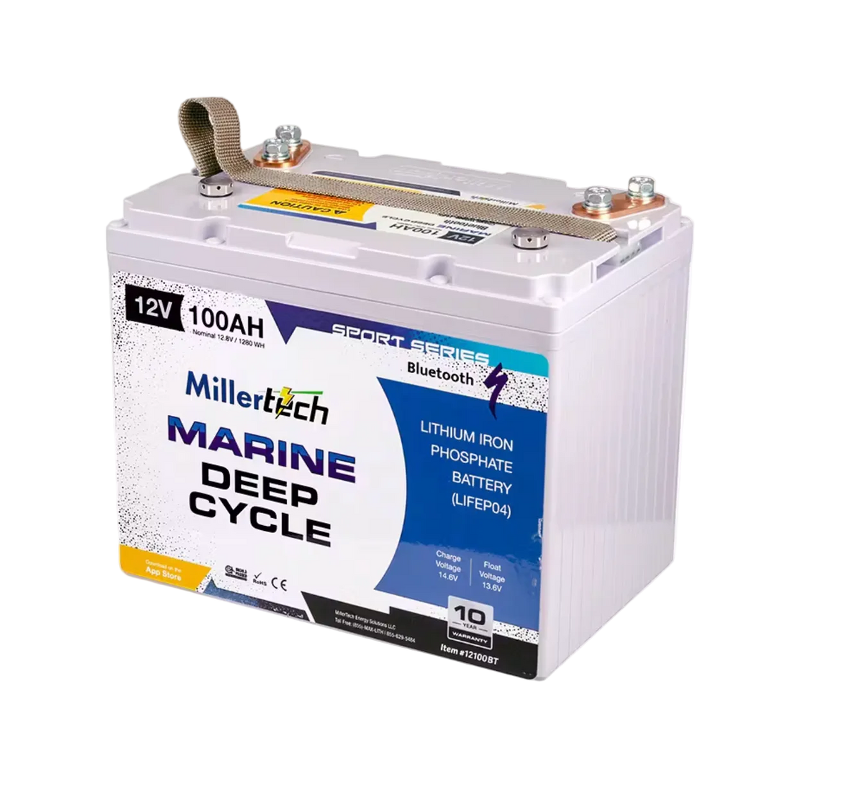 A Millertech Marine Deep Cycle lithium iron phosphate battery, 12V 100Ah, with a white casing and a blue and white label, shown on a clean white background.