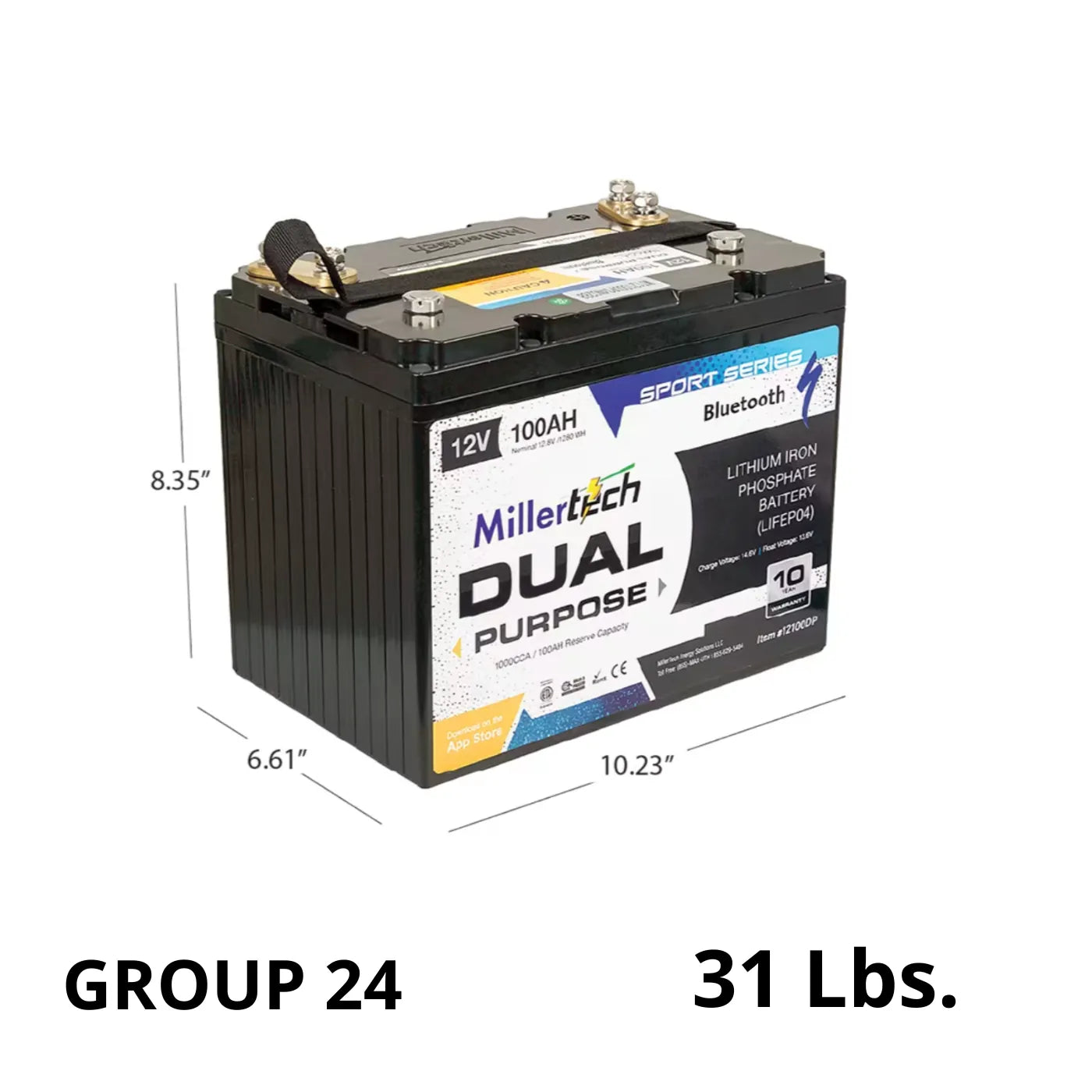 A MillerTech Dual Purpose Group 24 battery shown on a white background with dimension lines indicating 8.35 inches, 6.