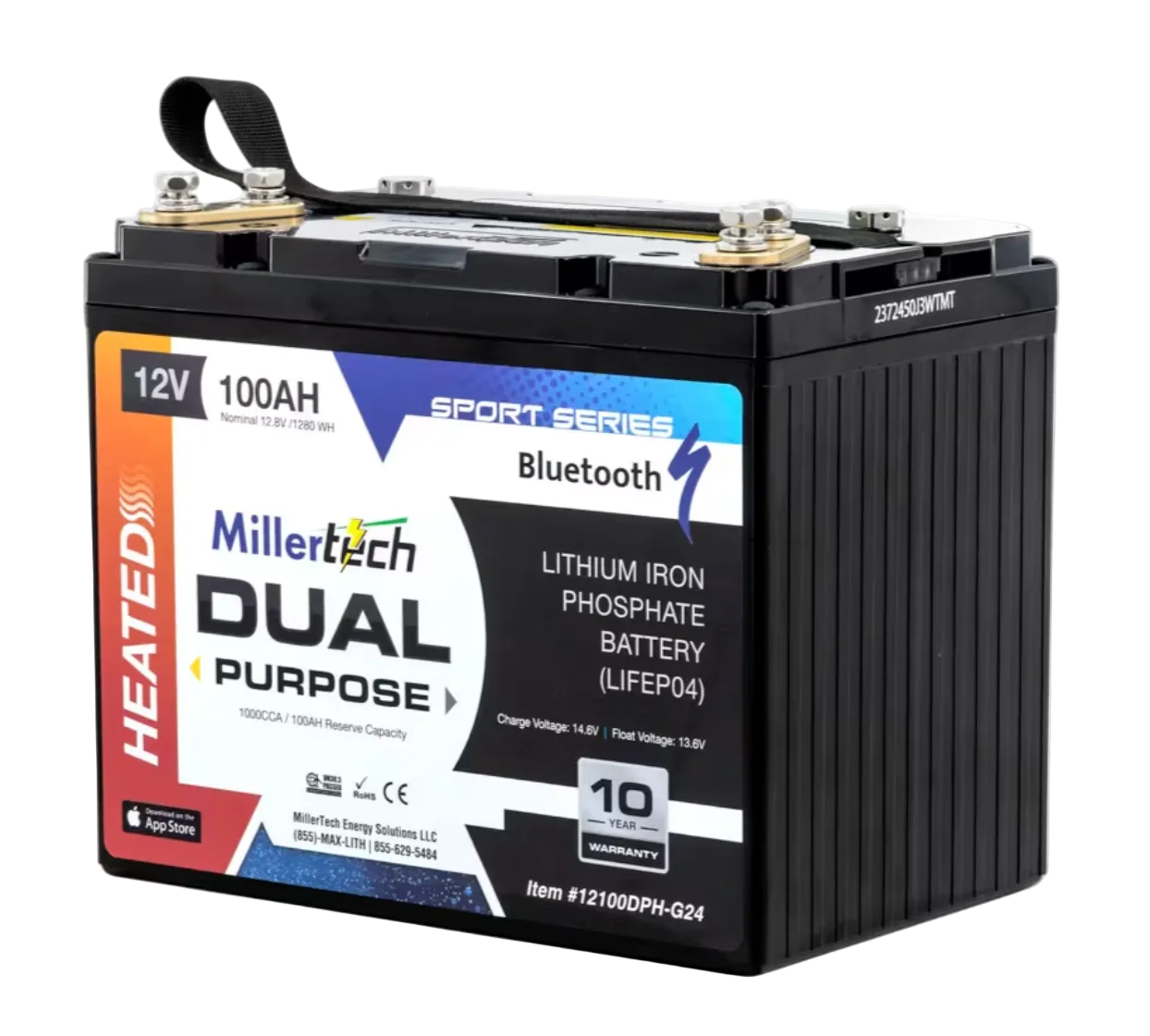 A Millertech Dual Purpose Lithium Iron Phosphate Battery, 12V, 100AH, with a black ribbed casing and a colorful front label, shown on a white background.