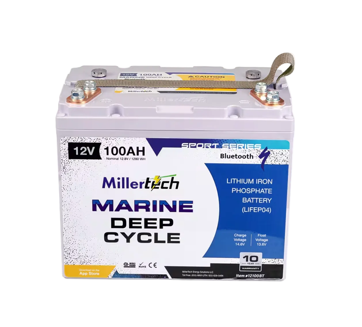 A MillerTech Marine Deep Cycle lithium iron phosphate battery, 12V 100AH, shown on a clean white background. The battery features a white casing with a blue and white label, and a gray strap attached to the top terminals.