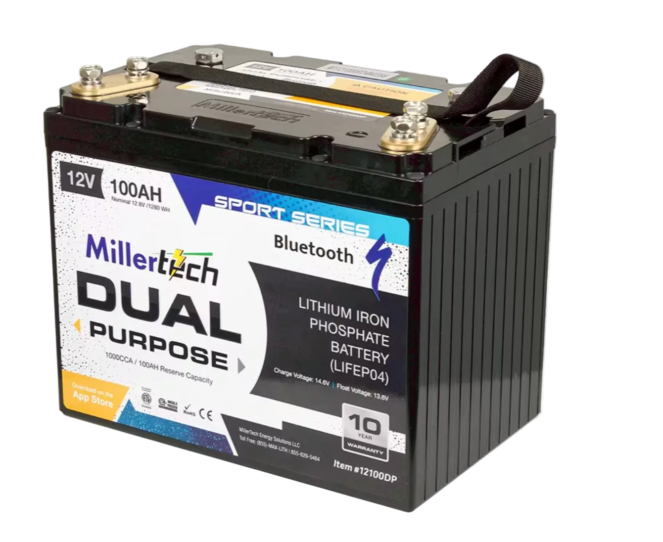 A MillerTech Dual Purpose Lithium Iron Phosphate battery, 12V 100AH, with a black ribbed plastic casing and a white, blue, and black label, shown on a white background.