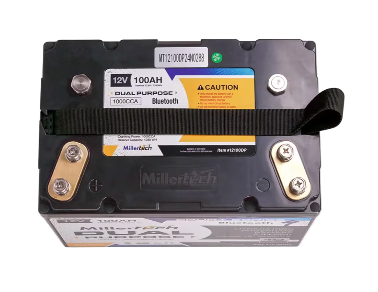 A Millertech 12V 100Ah dual purpose battery with Bluetooth connectivity, featuring a black plastic casing, gold-colored terminal blocks, and a black strap across the top.