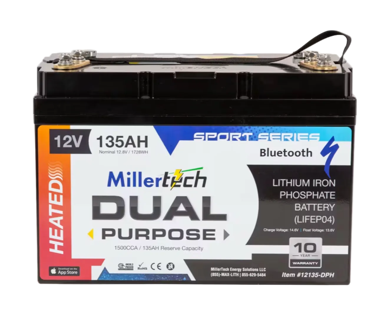 A Millertech Dual Purpose Lithium Iron Phosphate battery, 12V, 135AH, with a black casing and a colorful label featuring blue, orange, and white sections.