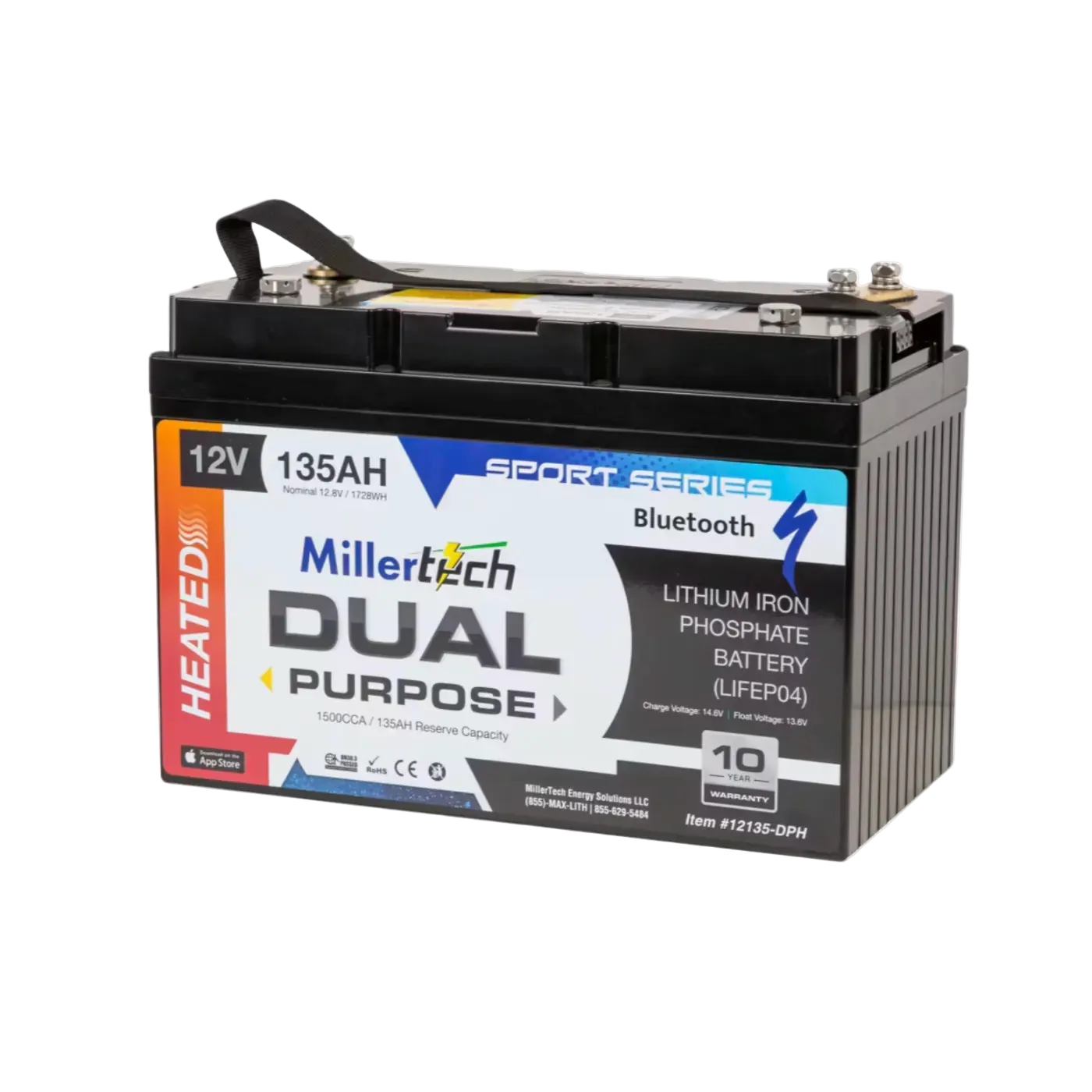 A Millertech Dual Purpose Lithium Iron Phosphate Battery in the Sport Series, 12V, 135AH, with a black casing and a white, blue, and orange label.