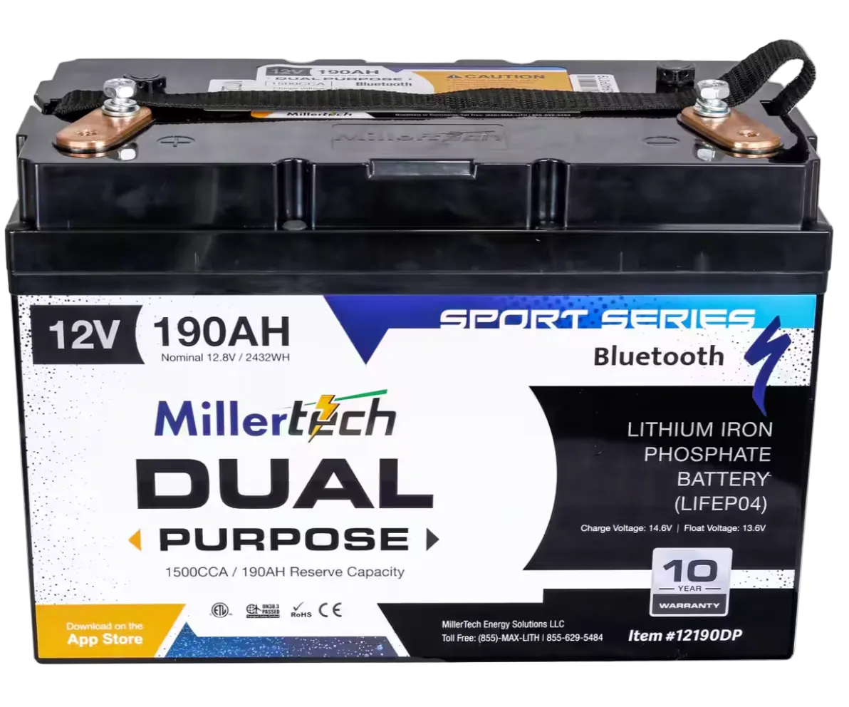 A 12V 190AH Lithium Iron Phosphate Battery by Millertech, part of their Sport Series Bluetooth model. The battery features a black plastic casing with a white, blue, and black label, and is shown against a plain white background.