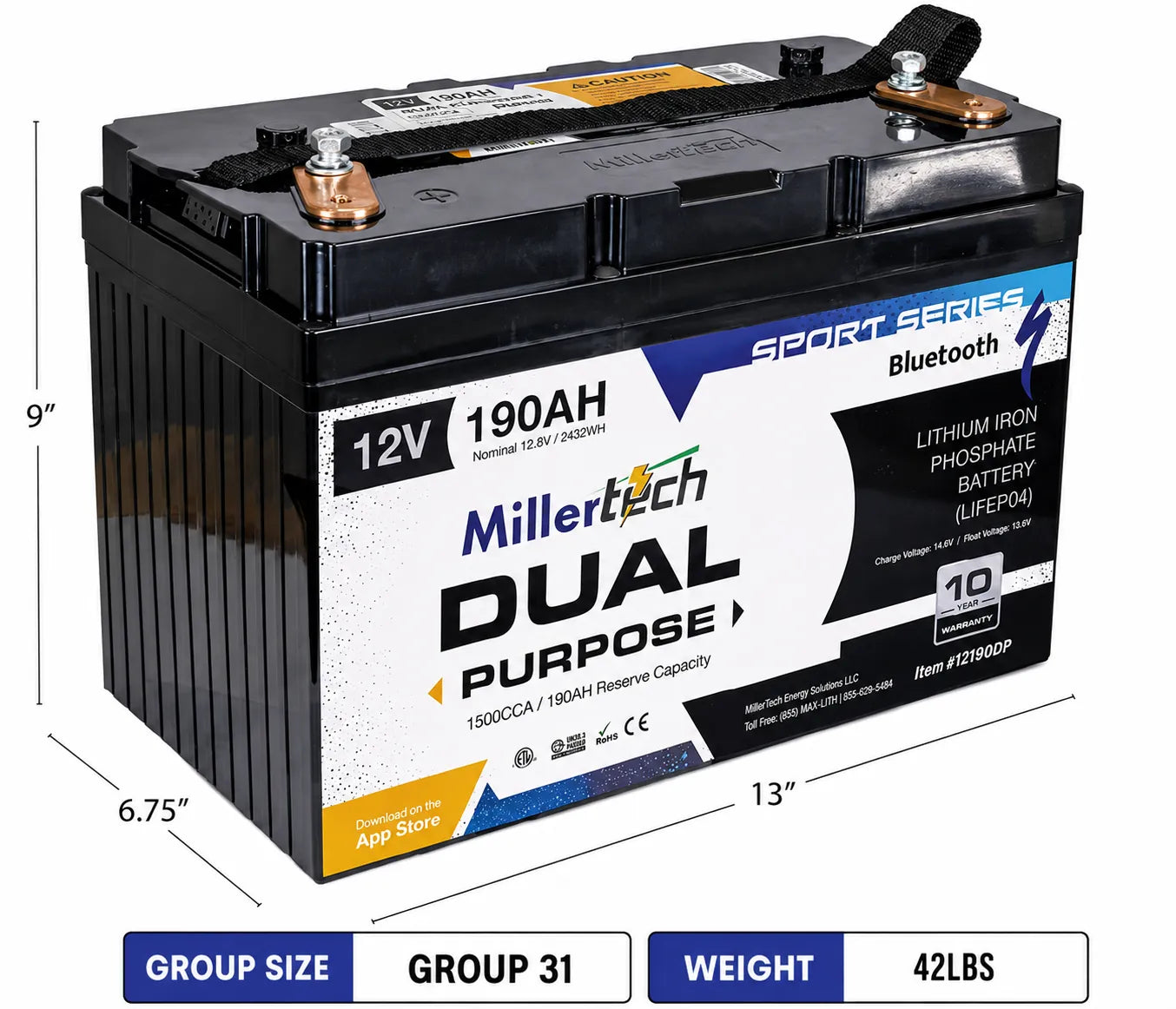 A Millertech Dual Purpose 12V 190AH lithium iron phosphate battery shown at a three-quarter angle with dimension lines indicating 9 inches, 6.75 inches, and 13 inches, plus a group size and weight badge at the bottom.