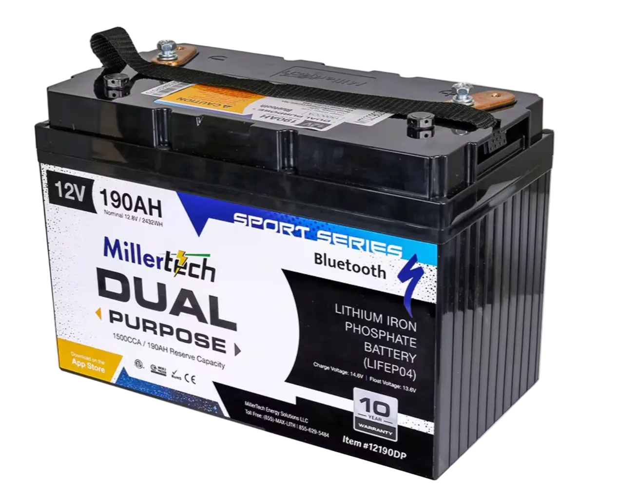 A Millertech Dual Purpose Lithium Iron Phosphate Battery, model 12V 190AH, featuring a black ribbed casing and a white, blue, and black label with product specifications and branding.
