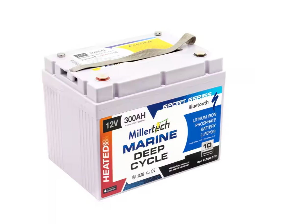 A MillerTech Marine Deep Cycle battery with a white casing, featuring a blue, white, and red label, and a gray strap attached to the top terminals.