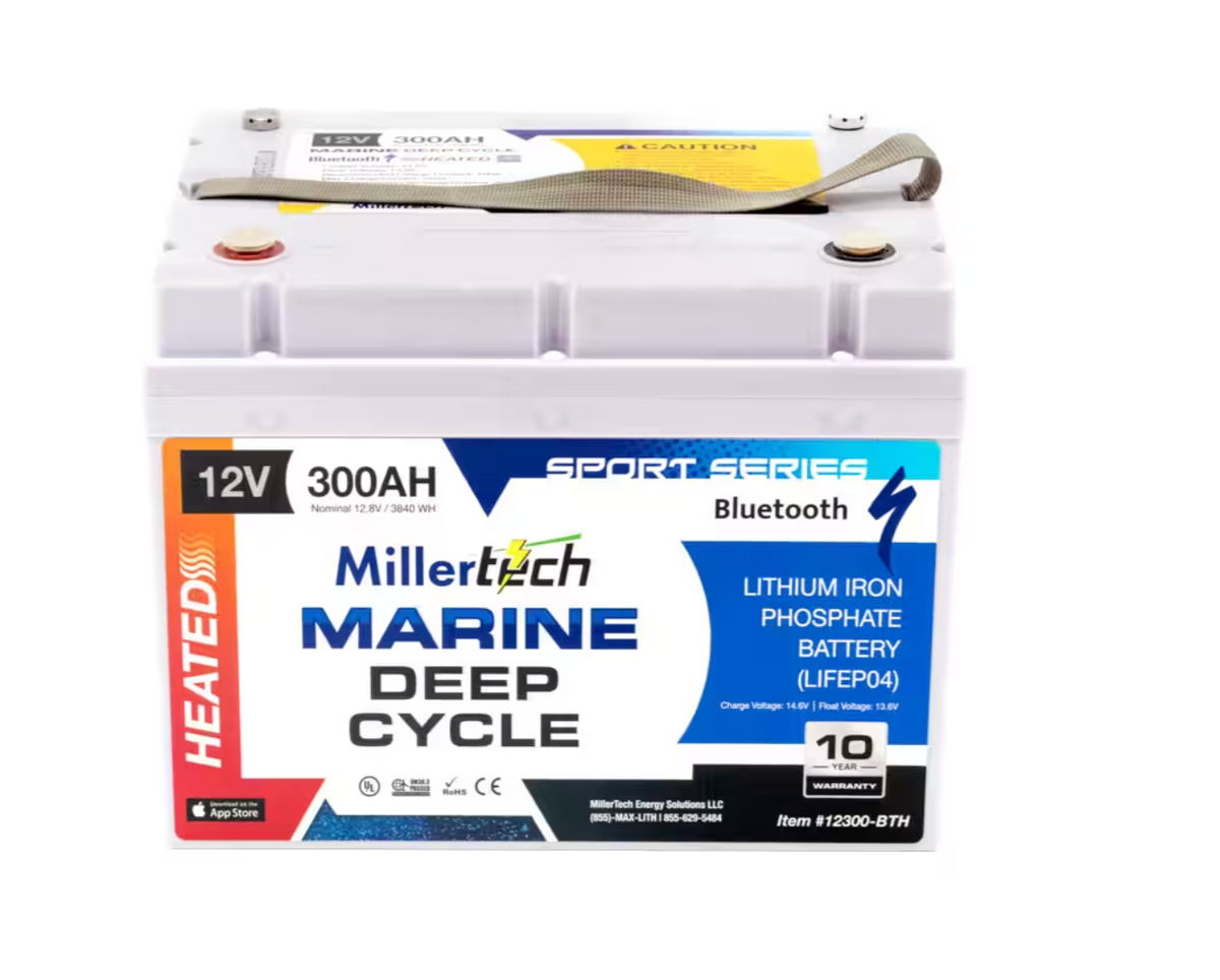 A Millertech Marine Deep Cycle battery in the Sport Series, 12V, 300AH, with a white plastic casing, a blue and red label, and a metal terminal strip on top.