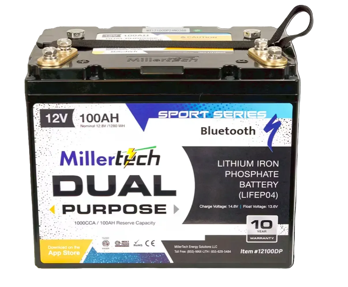 A Millertech Sport Series Dual Purpose Lithium Iron Phosphate Battery, 12V, 100AH, with Bluetooth connectivity, shown on a white background.