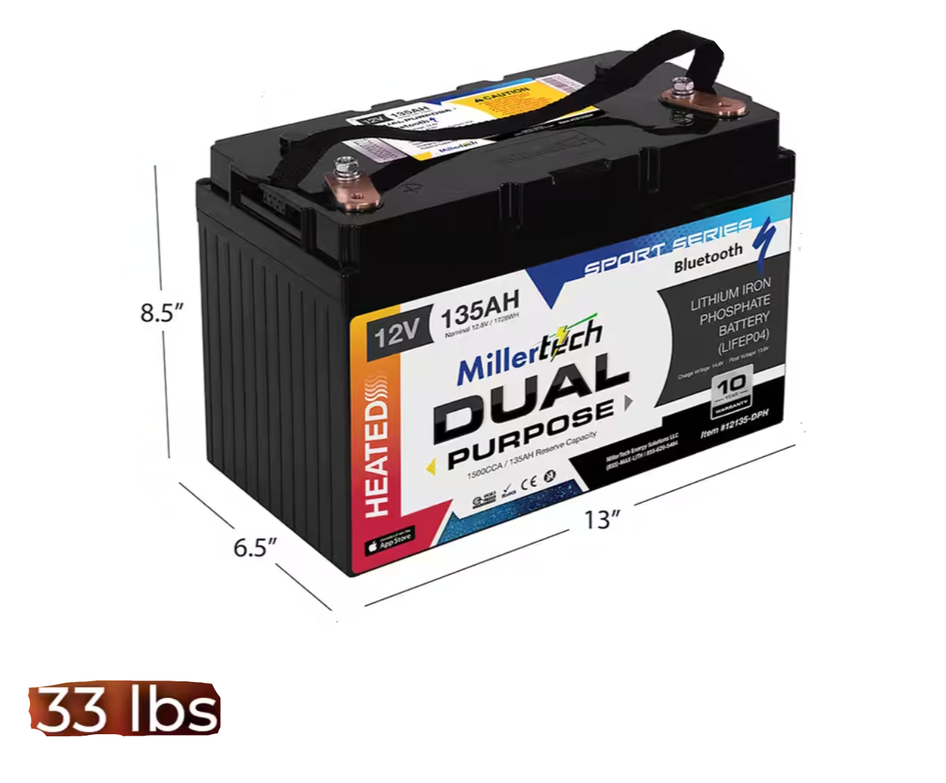 A Millertech Dual Purpose lithium iron phosphate battery shown at a three-quarter angle with dimension lines indicating 8.5 inches, 6.