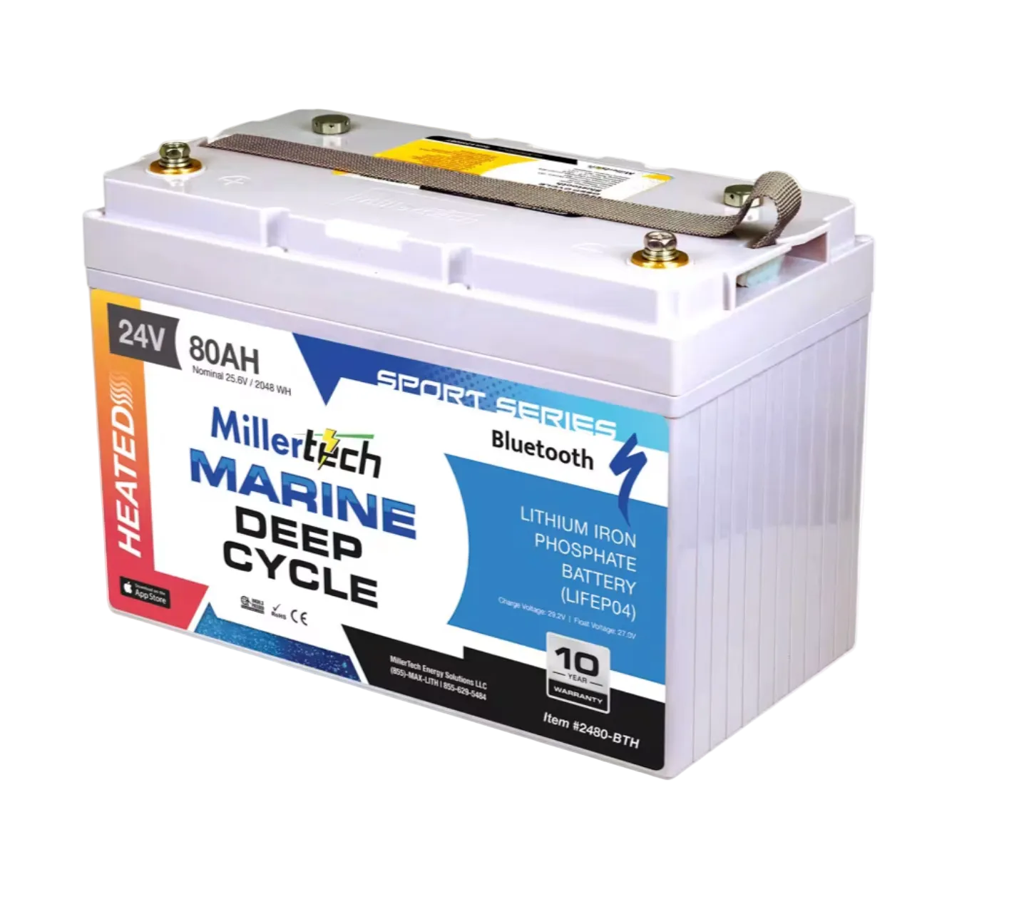 A MillerTech Marine Deep Cycle battery with a white plastic casing, featuring a blue, white, and red label with text indicating 24V, 80AH, and Bluetooth connectivity.