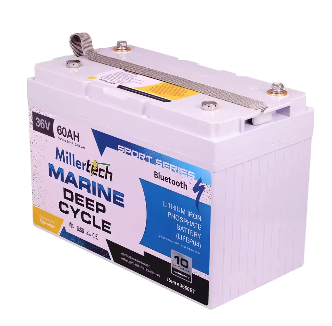 A white MillerTech Marine Deep Cycle lithium iron phosphate battery with a gray strap and a blue, white, and black label, shown on a clean white background.