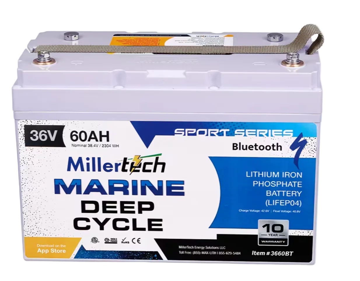A Millertech Marine Deep Cycle lithium iron phosphate battery, 36V 60AH, with a white casing and a blue and white label, shown on a white background.