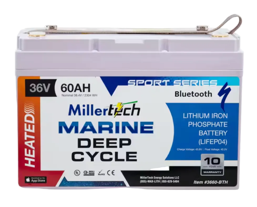 A Millertech Marine Sport Series Lithium Iron Phosphate Battery, 36V 60AH, Heated Deep Cycle model, shown on a plain white background.