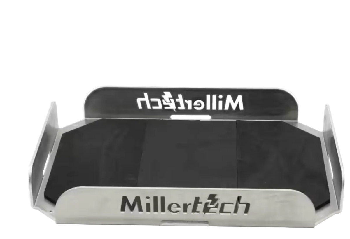 A Millertech branded metal display stand or holder with a brushed silver aluminum body and black interior trays, shown on a plain white background.