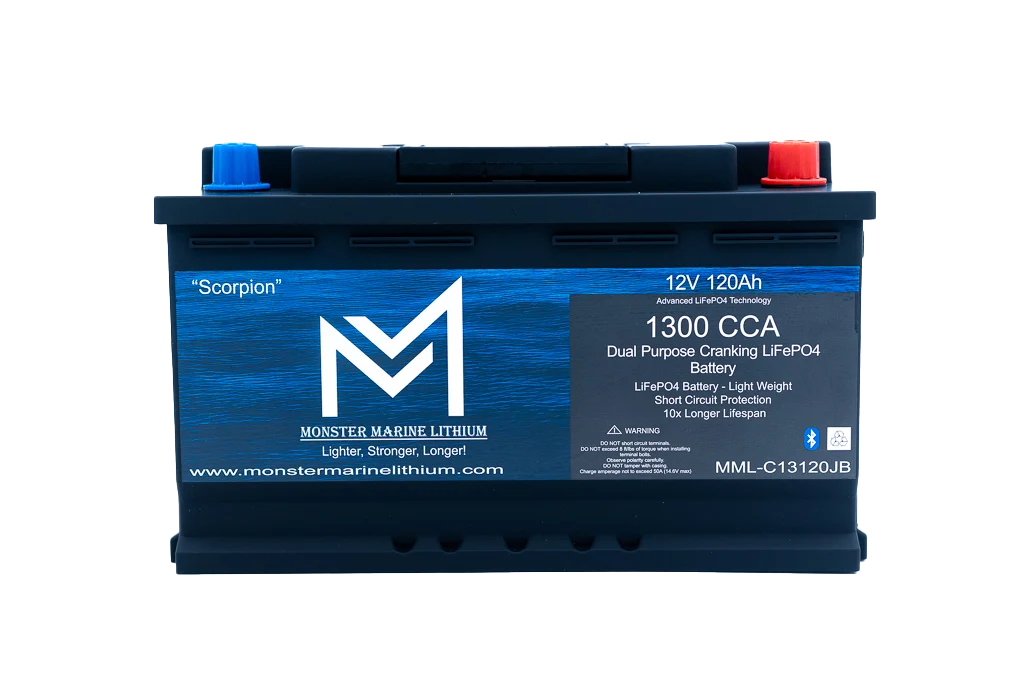 A Monster Marine Lithium 'Scorpion' 12V 120Ah lithium-ion battery, featuring a dark blue and black casing with a blue textured label, blue and red terminal caps, and a white logo on a clean white background.