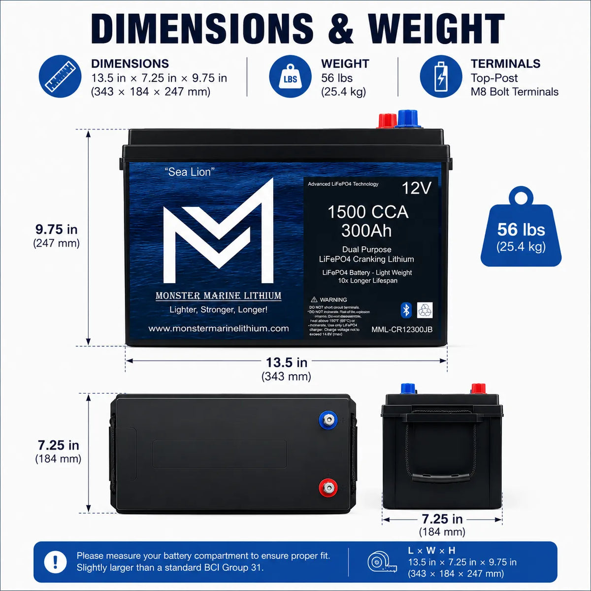 Monster Marine Lithium 12V 300Ah Dual Purpose Cranking Battery – 1500 CCA Bluetooth "Sea Lion"
