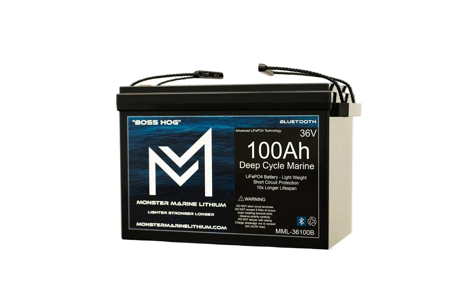 A Monster Marine Lithium 100Ah 36V deep cycle marine battery with a black top and side, and a blue and black label, shown on a white background.