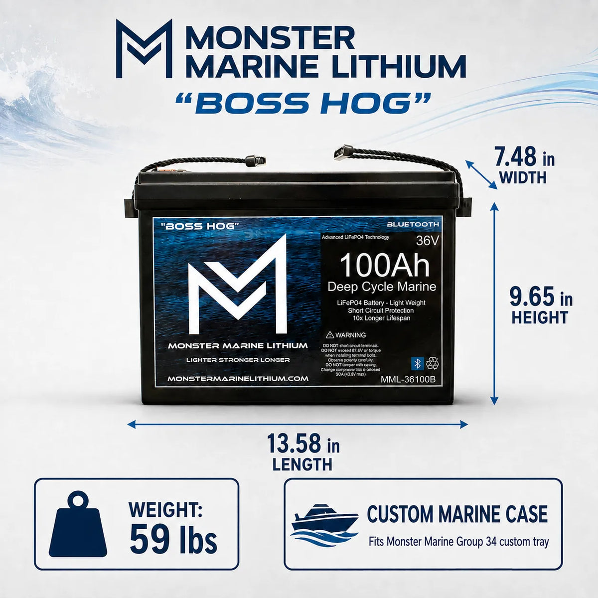 Monster Marine Lithium Boss HOG 100Ah deep cycle marine battery with dimension measurements (13.58 in length, 9.