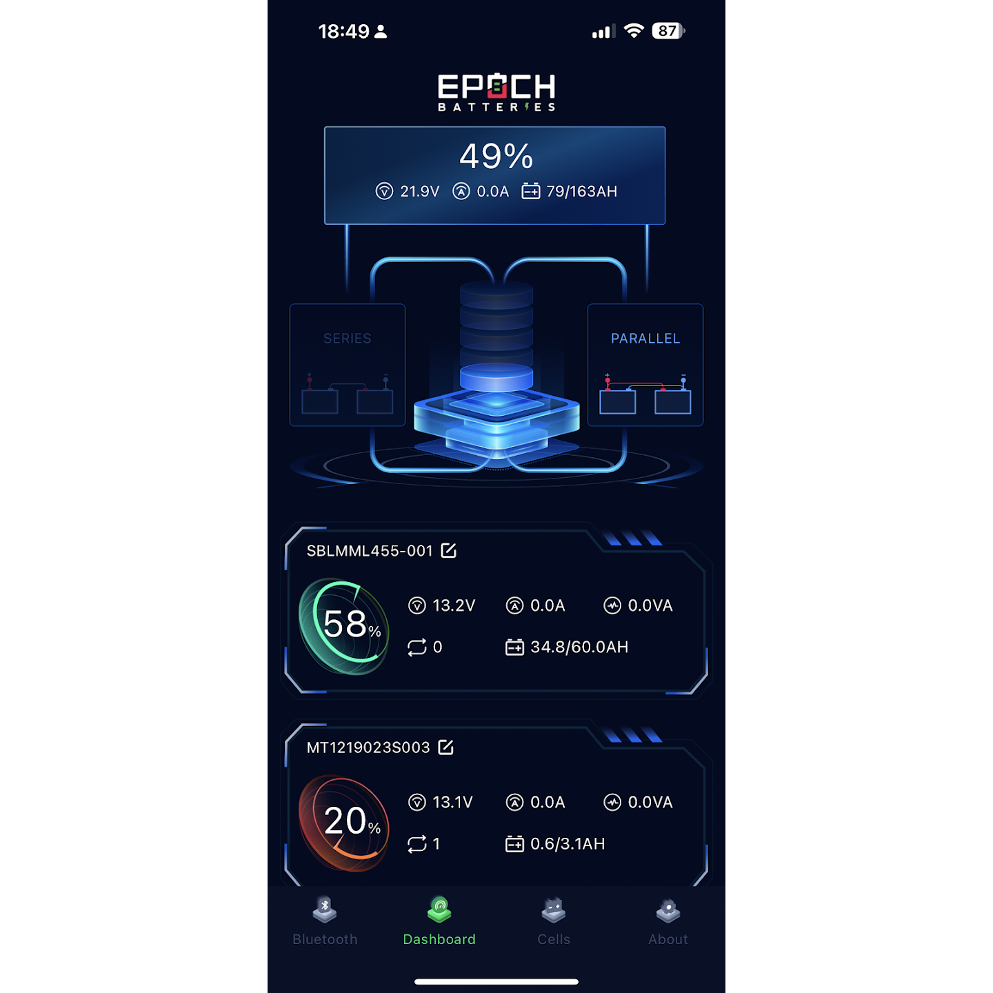Phone screen displaying battery monitoring app with various battery levels and statuses.
