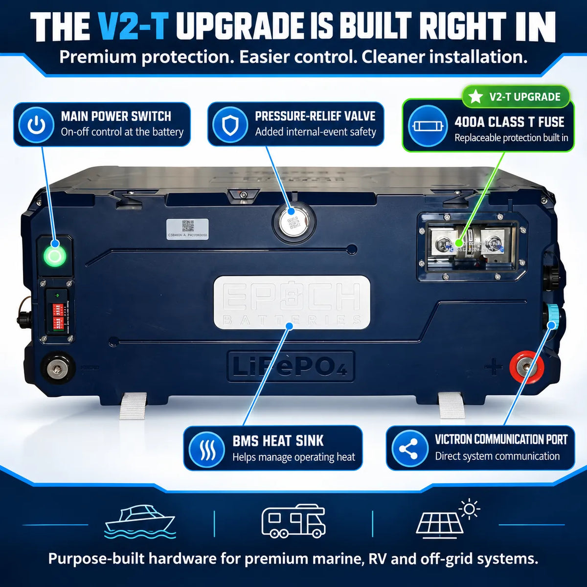 Epoch 12V 460Ah V2-T Elite LiFePO4 - Heated, Bluetooth, IP67 | Marine - RV - Off Grid